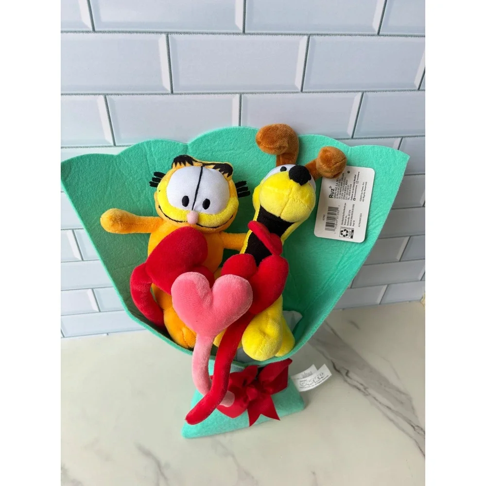 Garfield and Odie Plush Bouquet Teal Felt Wrap Hearts Valentine Gift New
